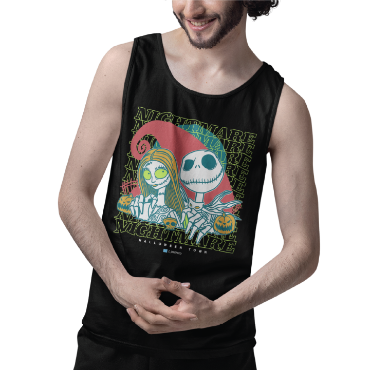 Young man wearing a unisex black tank top with cartoon skeletons and 'Nightmare' text on the front.