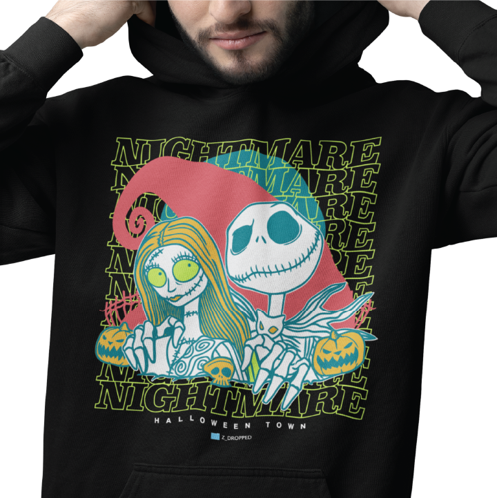 Young man wearing a black hoodie with 2 cartoon skeletons and 'Nightmare' text.