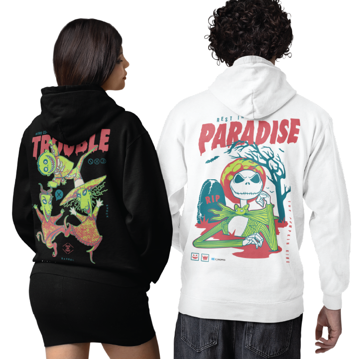 Two people wearing hoodies with colorful designs on the back, one black and one white.