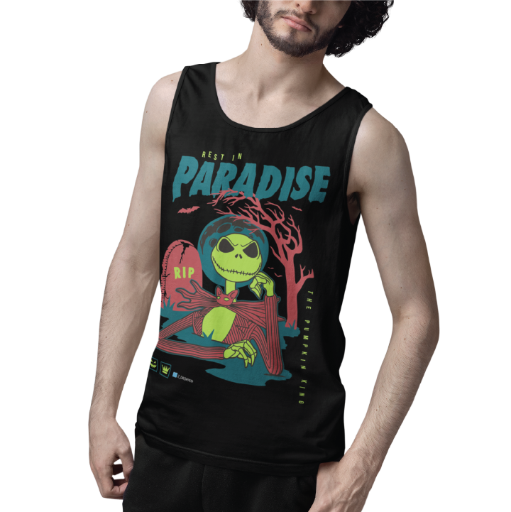 A young man wearing a black tank top with a colorful Skelton and blue 'Rest in Paradise' text on the front