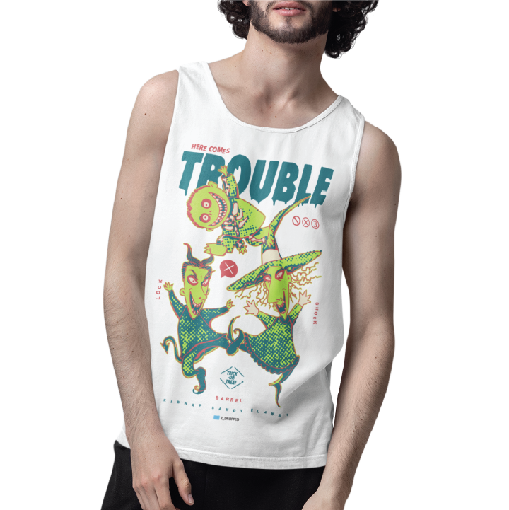 Young man wearing a white tank top with colorful lock shock and barrel and 'Here Comes Trouble' text on the front.