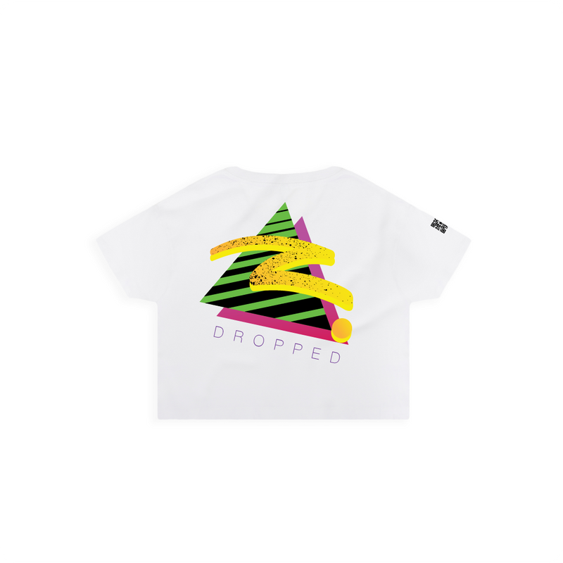 Rear view of a womens white crop top t-shirt with a 90s inspired logo on a white background