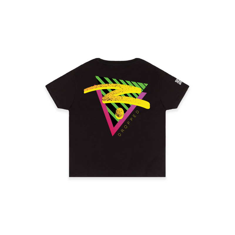 Rear view of a women's black high waisted t-shirt with a large colorful 90s graphic on the chest against a white background.