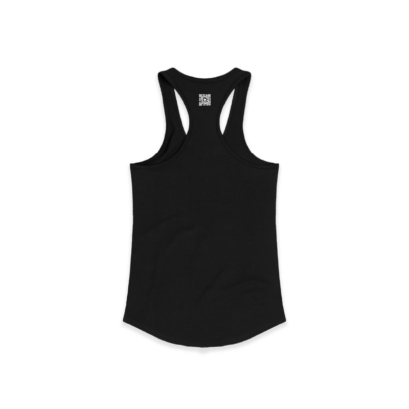 Black tank top with a small white zdropped QR code on the back against a white background