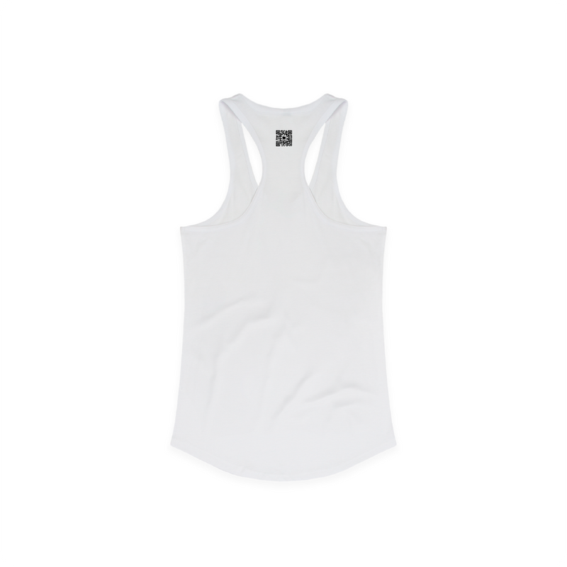 White tank top with a small black zdropped QR code on the back against a white background