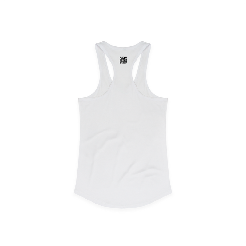 White tank top with a small black zdropped QR code on the back against a white background