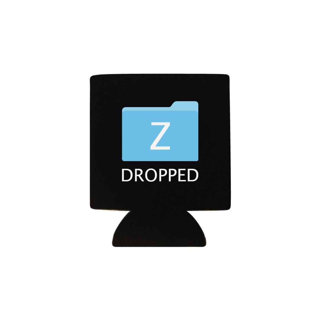 Black can cooler with a blue 'Z' logo and 'DROPPED' text on a white background
