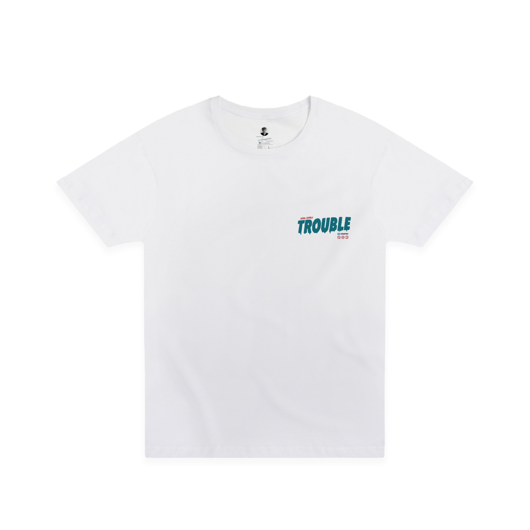 Front view of a white t-shirt with 'Here Comes Trouble' on the chest