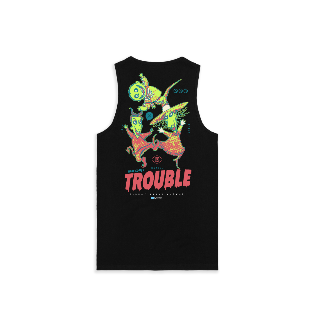 Rear view of a black tank top with colorful lock shock and barrel and 'Here Comes Trouble' text on a white background