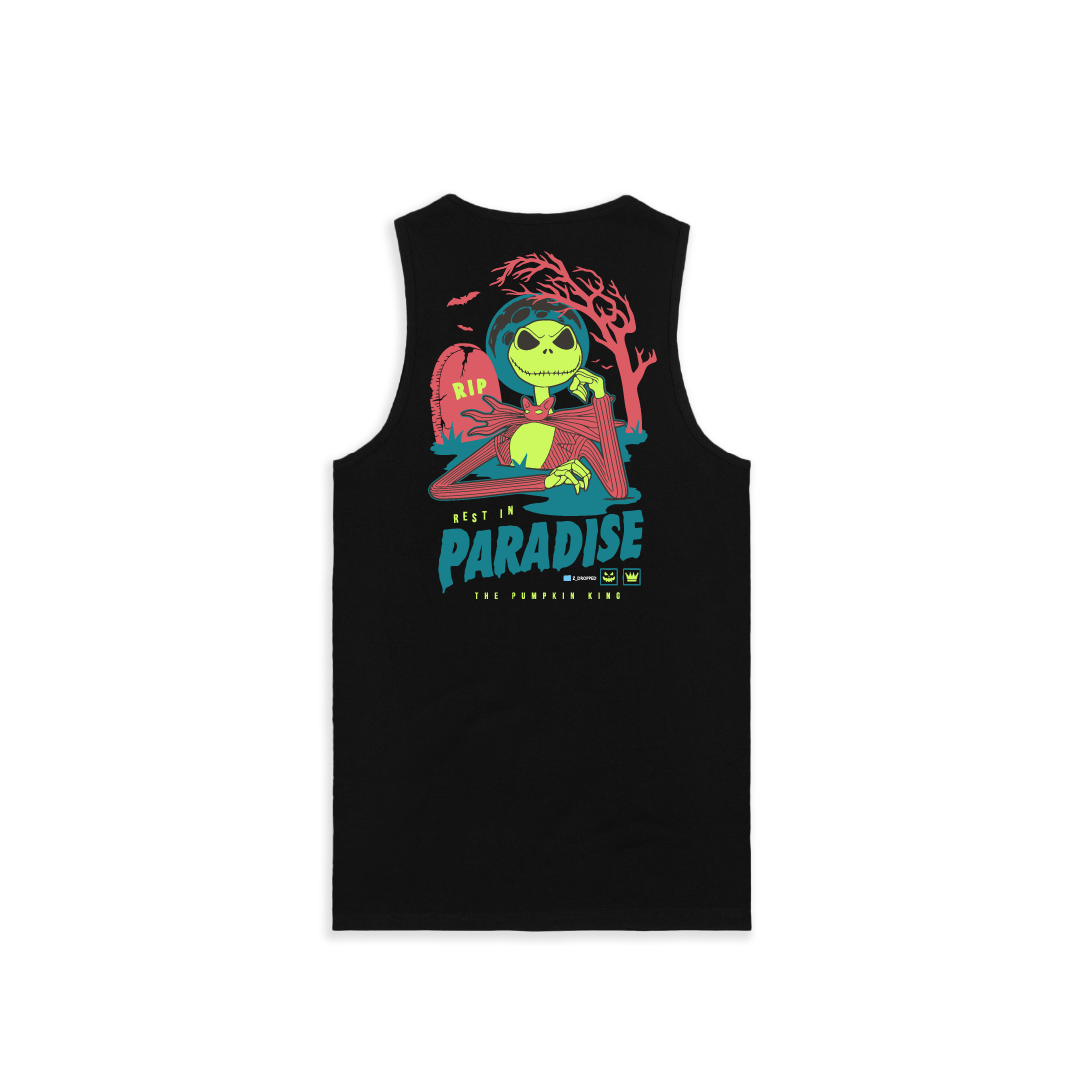 Rear view of a black tank top with a colorful Skelton and blue 'Rest in Paradise' text on a white background