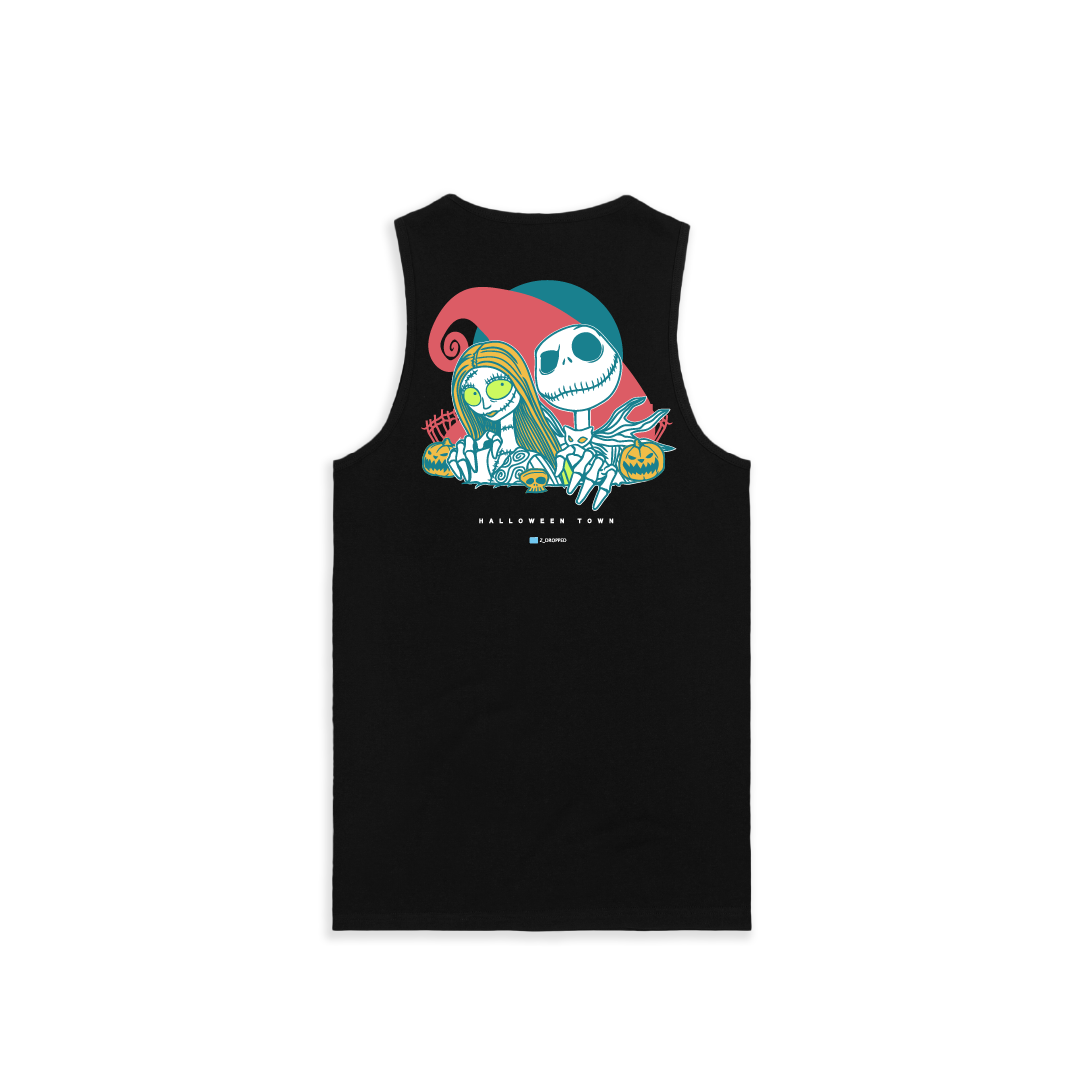 Rear view of a unisex black tank top with cartoon skeletons and 'Nightmare' text on a white background