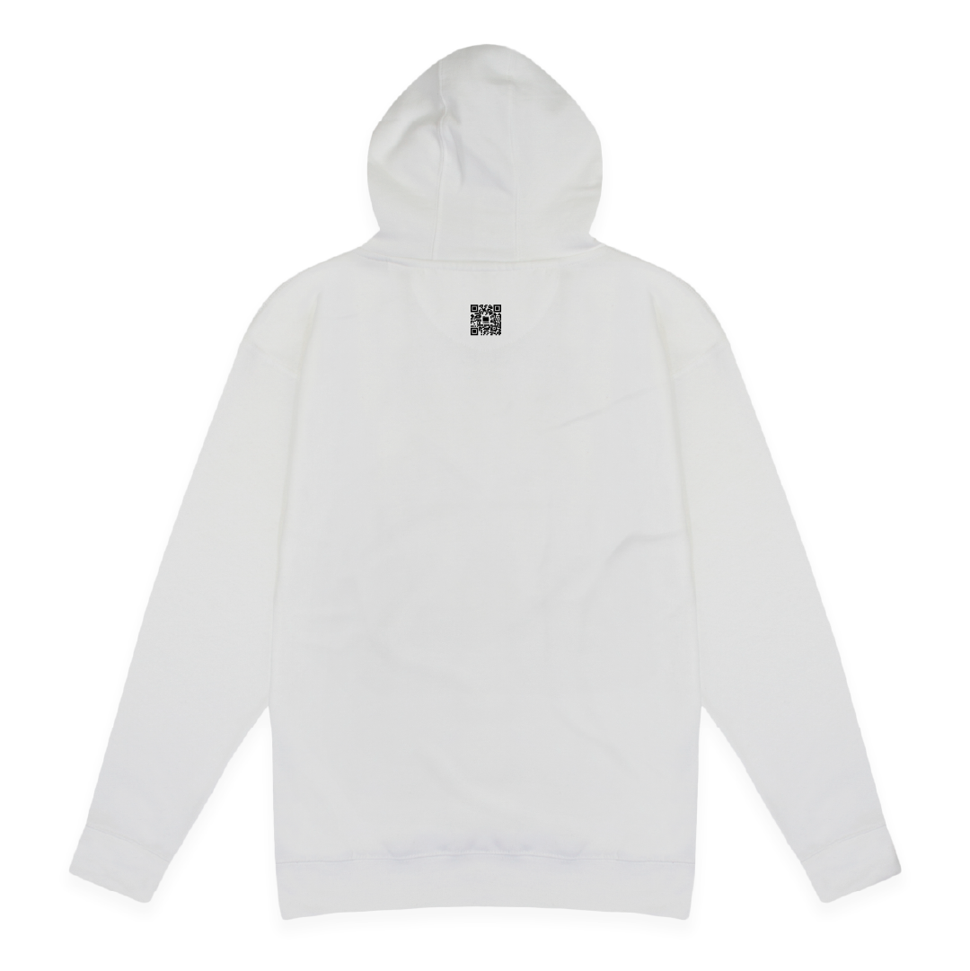 Rear view of a unisex white hoodie with a black QR code on a white background