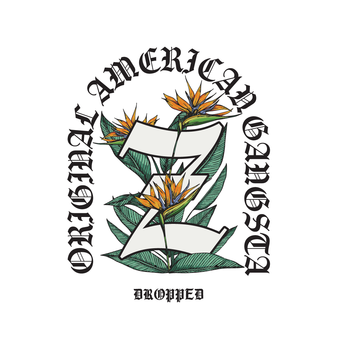 Letter Z in a bush of birds of paradise with Original American Gangsta text in old English in black
