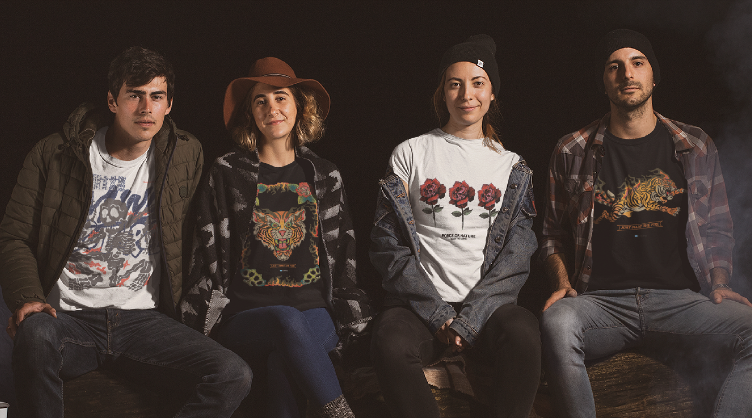 a group of friends wearing zdropped chapter 2 sitting by a campfire at night