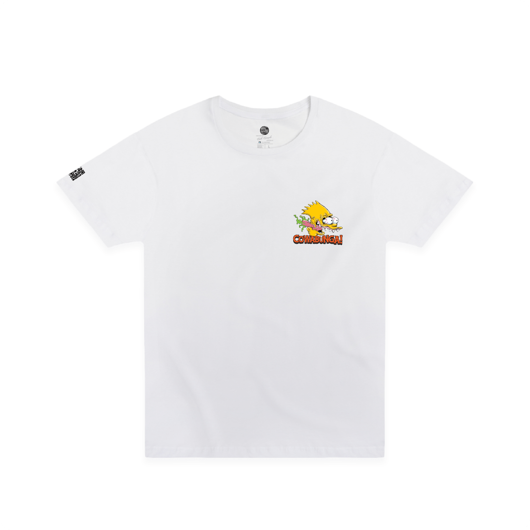 Front view of a white t-shirt with a screaming Bart Simpson head on the chest against a white background
