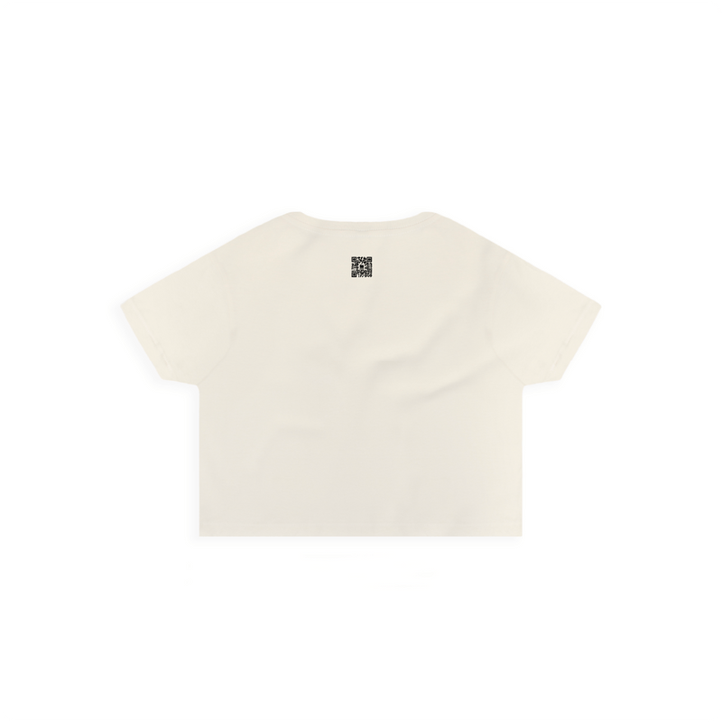 rear view of a cream crop top t-shirt with a small black QR logo on a white background.