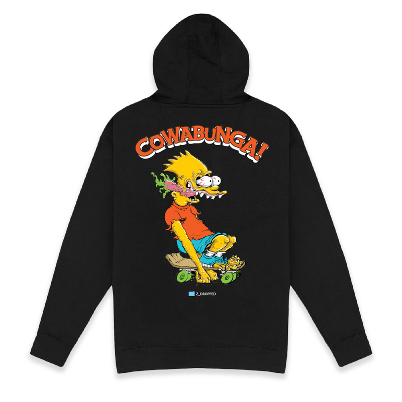 Rear view of a black hoodie with a screaming Bart Simpson on a skateboard with'Cowabunga!' text on a white background