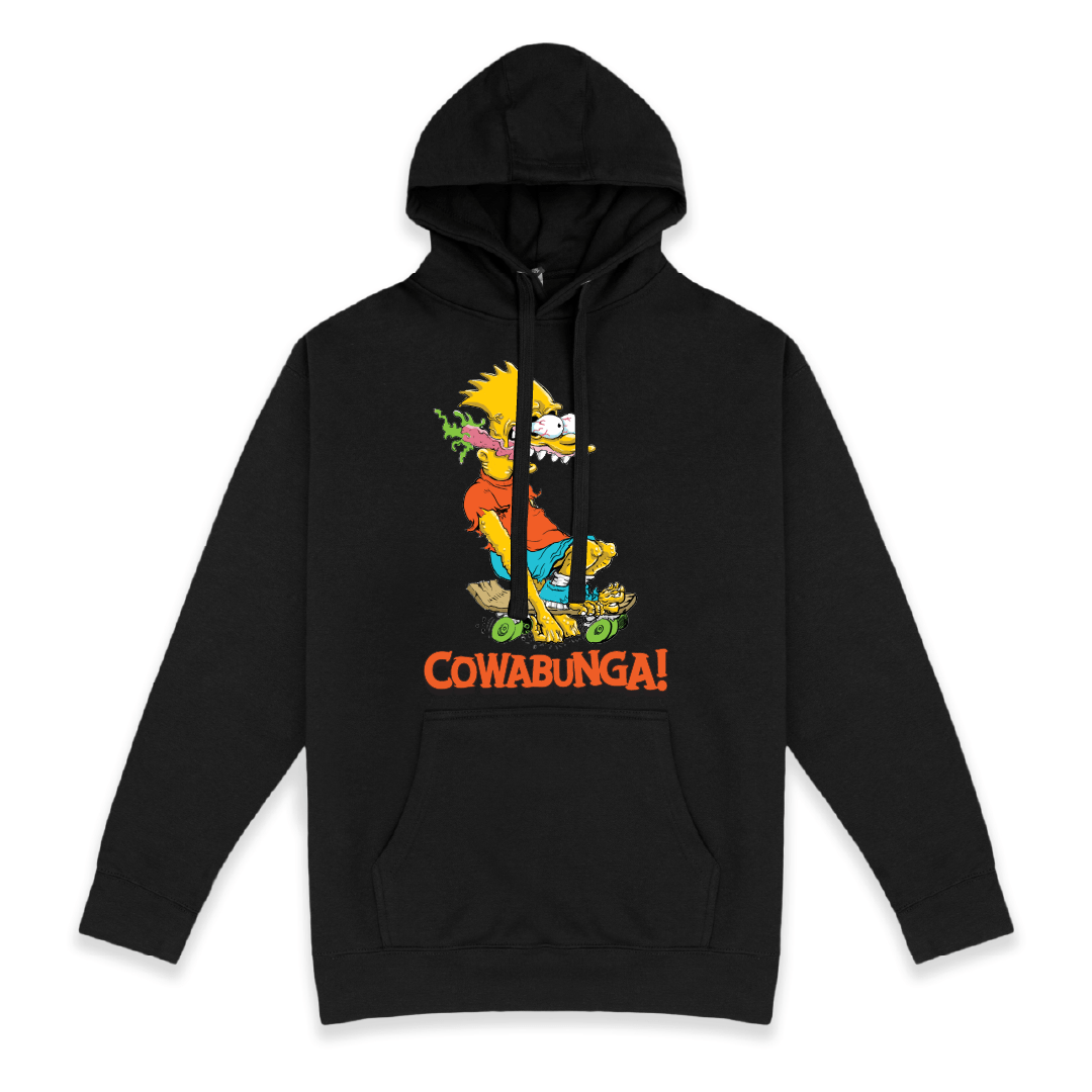 Front view of a black hoodie with a screaming Bart Simpson on a skateboard with'Cowabunga!' text on a white background