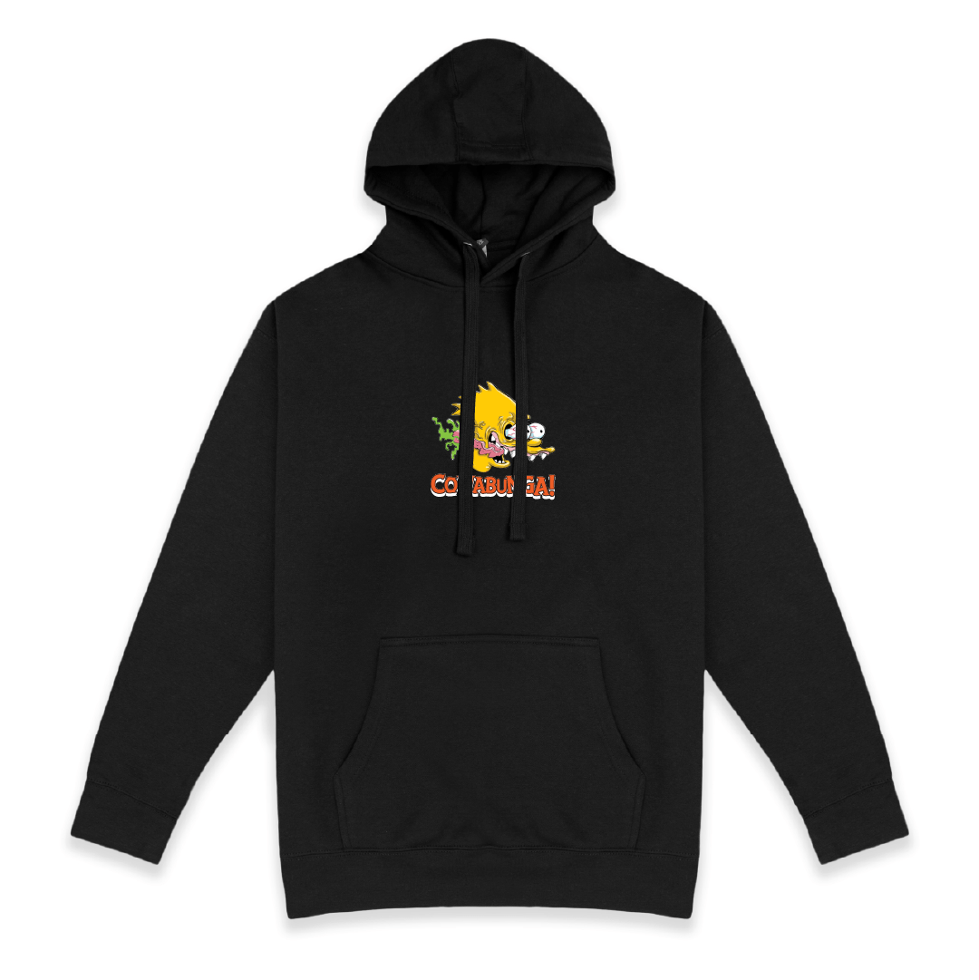 Front view of a black hoodie with screaming Bart Simpson in an Ed Roth style on a white background