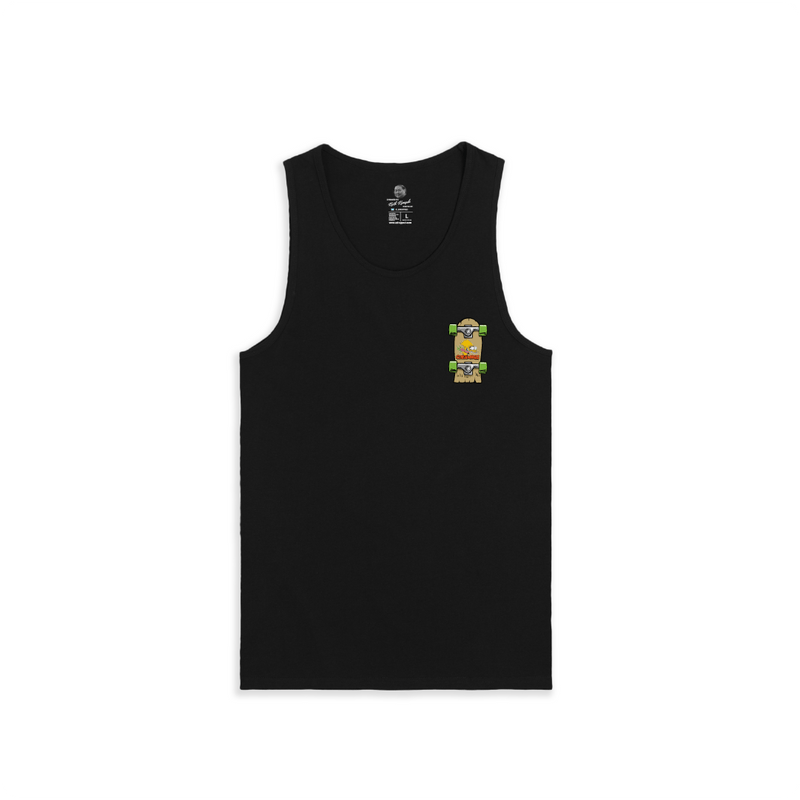Black tank top with a small skateboard logo on the chest against a white background