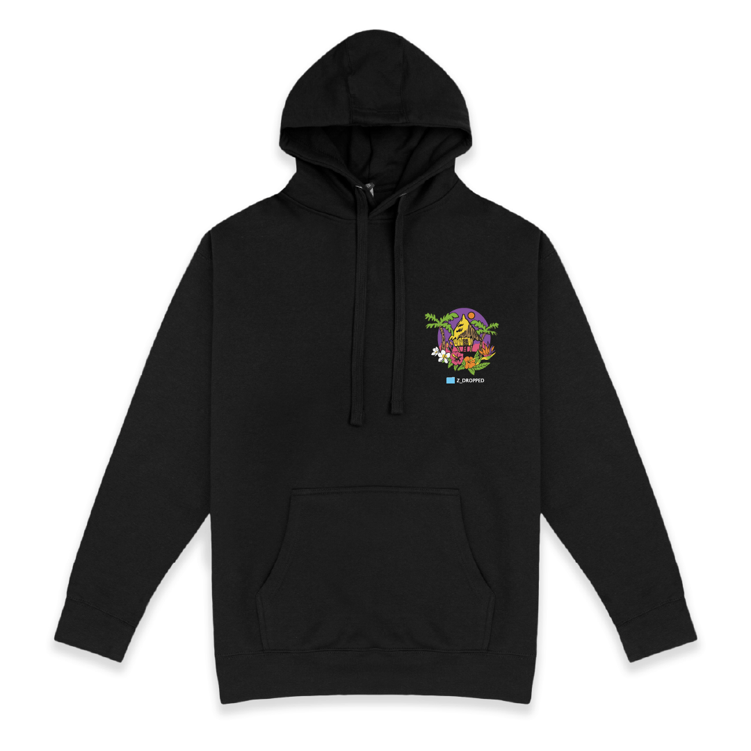 Front view of a black hoodie with tropical hut on the front chest on a white background