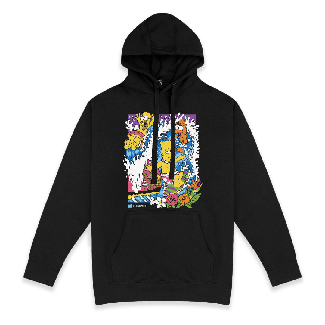 Front view of a black hoodie with Bart and Homer Simpson surfing a wave on a white background