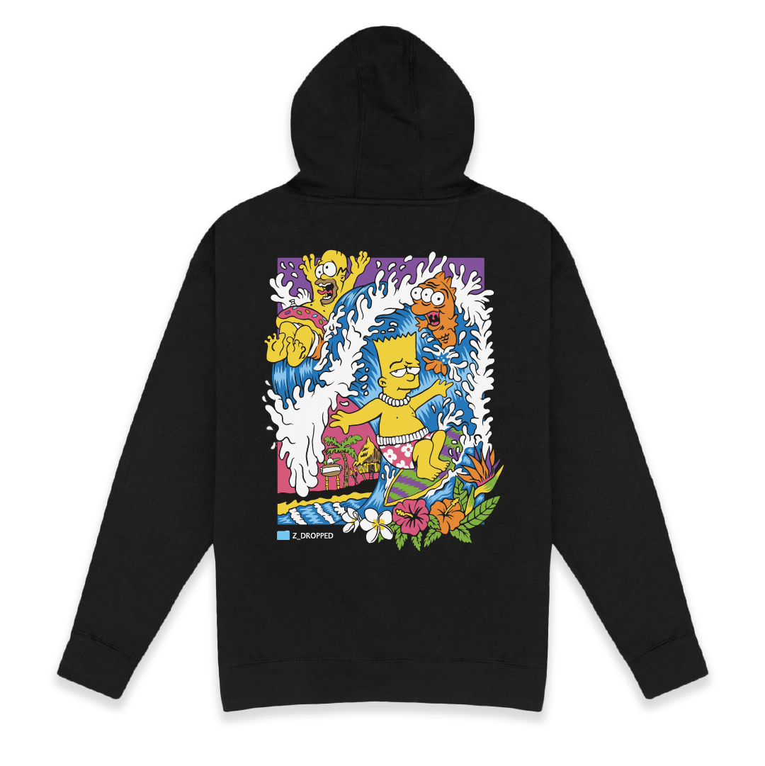 Rear view of a black hoodie with Bart and Homer Simpson surfing a wave on a white background