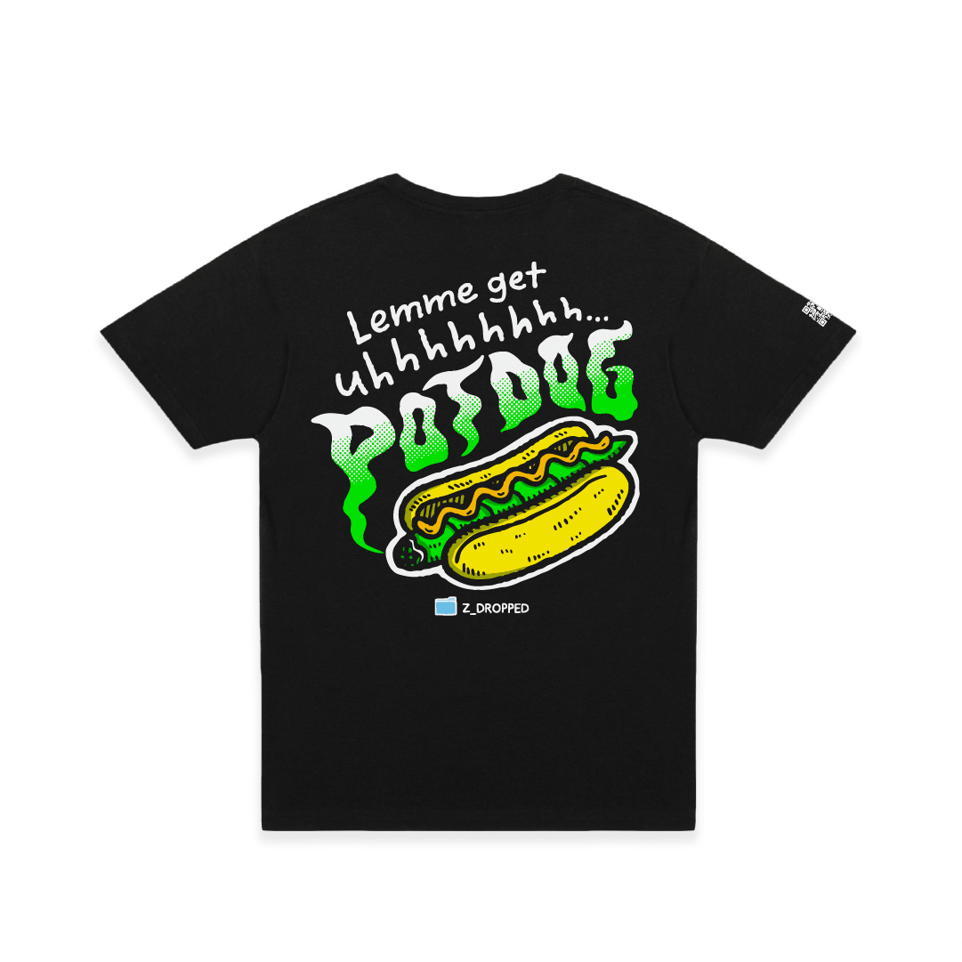 Black rear view of a unisex tee graphic design showcasing a single hot dog with green smoke accents and bold text reading “Lemme get uhhhhhh… POTDOG” on the front, on a white  background.