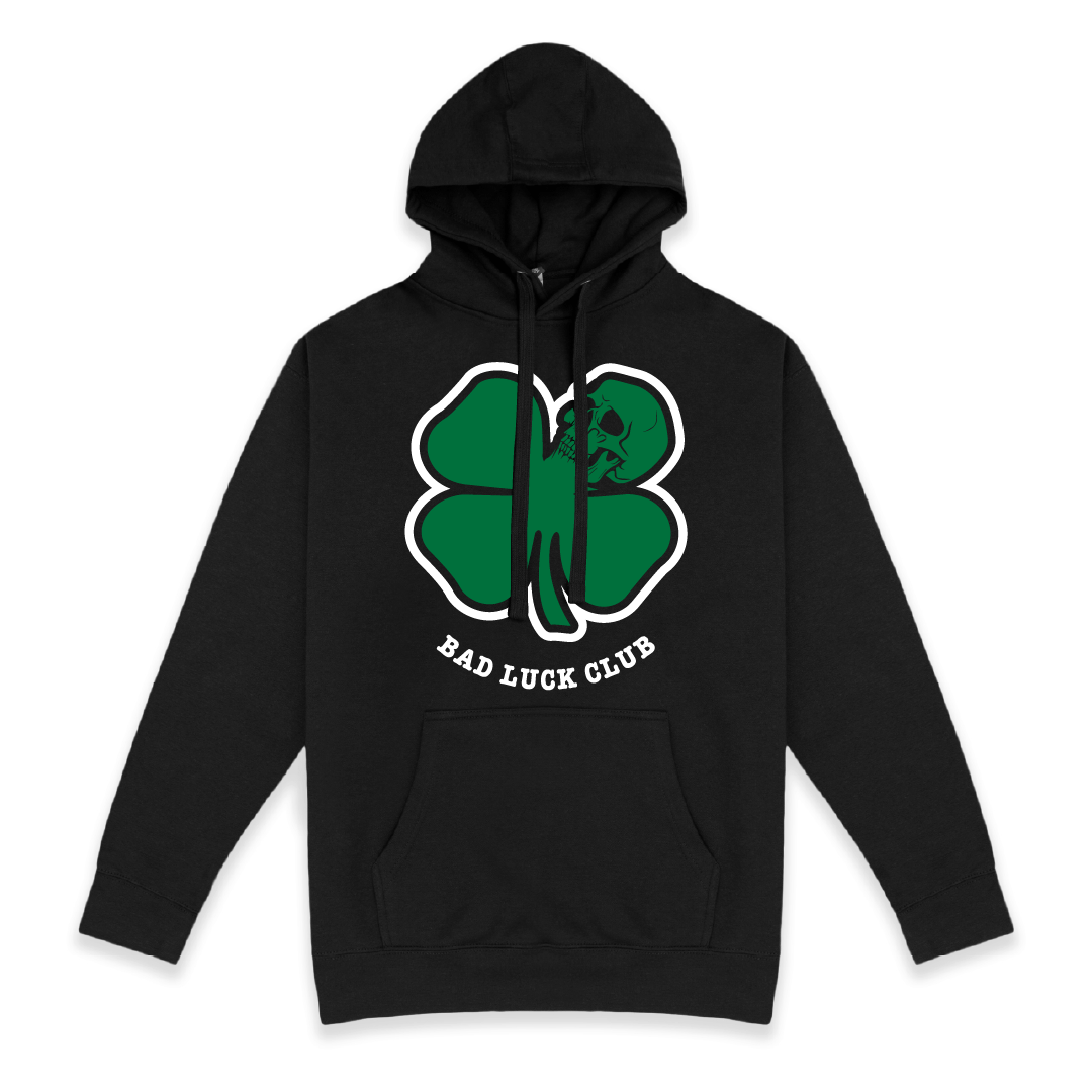 Front view of a unisex black hoodie with 'Bad Luck Club' design on the back, featuring a green death clover with skull.