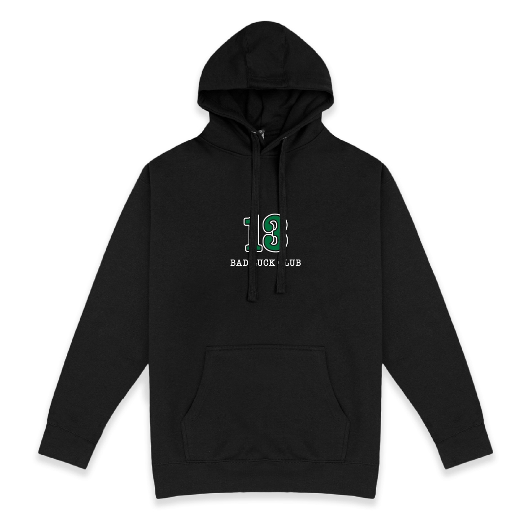 Front view of a unisex black hoodie with 'Bad Luck Club' design featuring a green number 13 centered on the front.