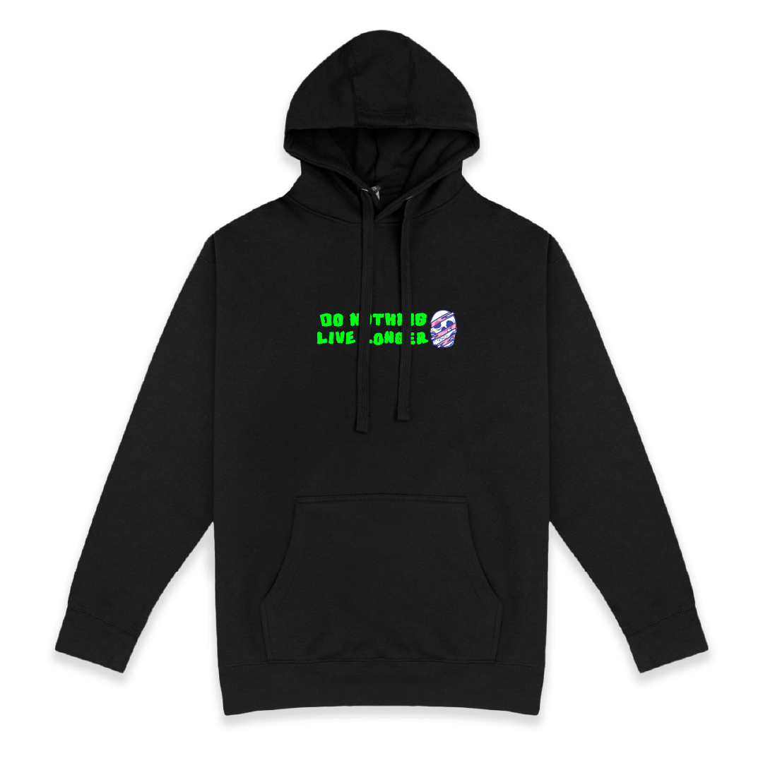 Front view of a black hoodie with Do Nothing Live Longer text and skull graphic on a white background