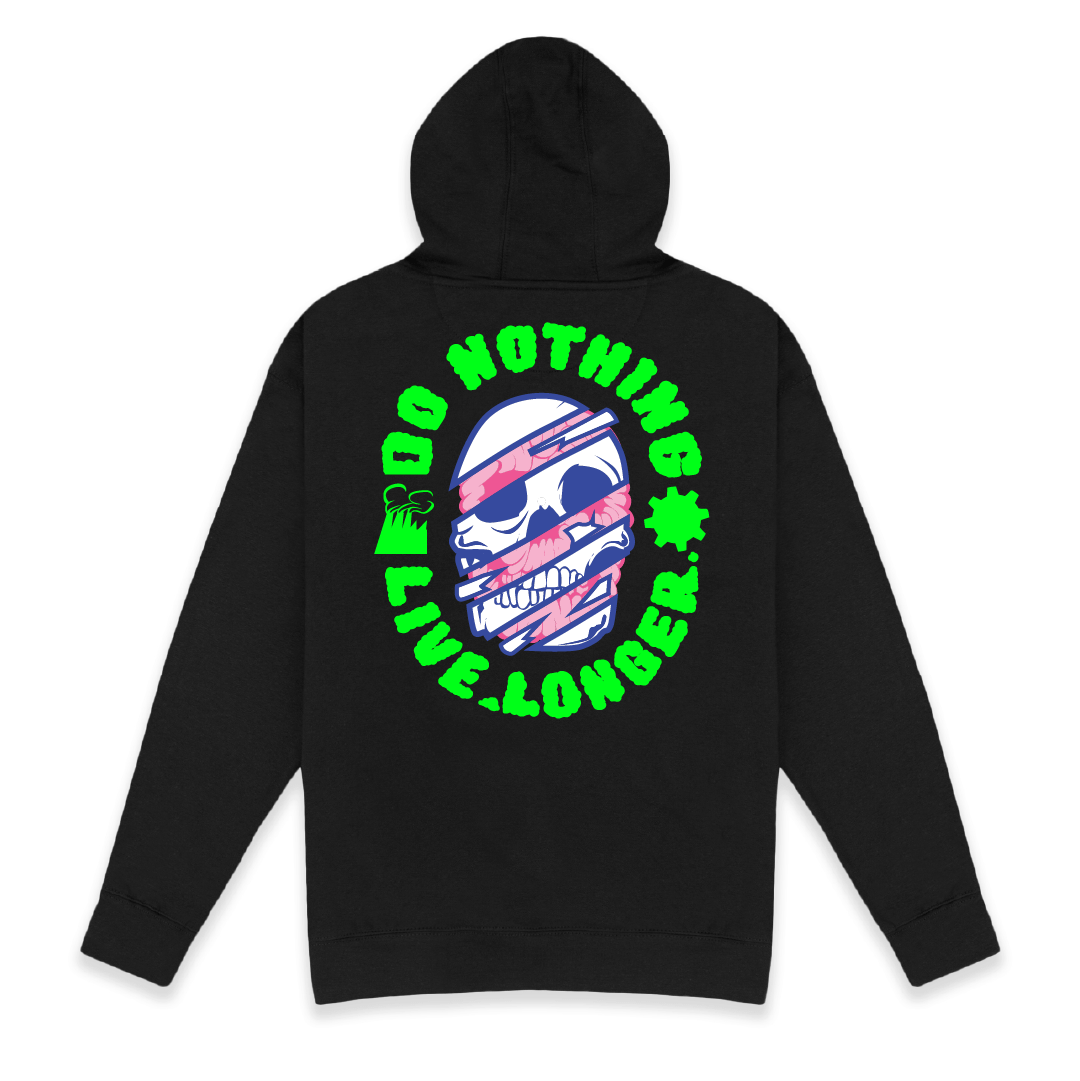 Rear view of a black hoodie with Do Nothing Live Longer text and skull graphic on a white background