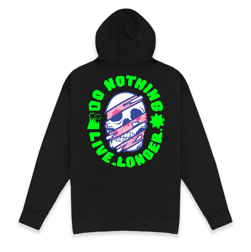 Rear view of a black hoodie with Do Nothing Live Longer text and skull graphic on a white background