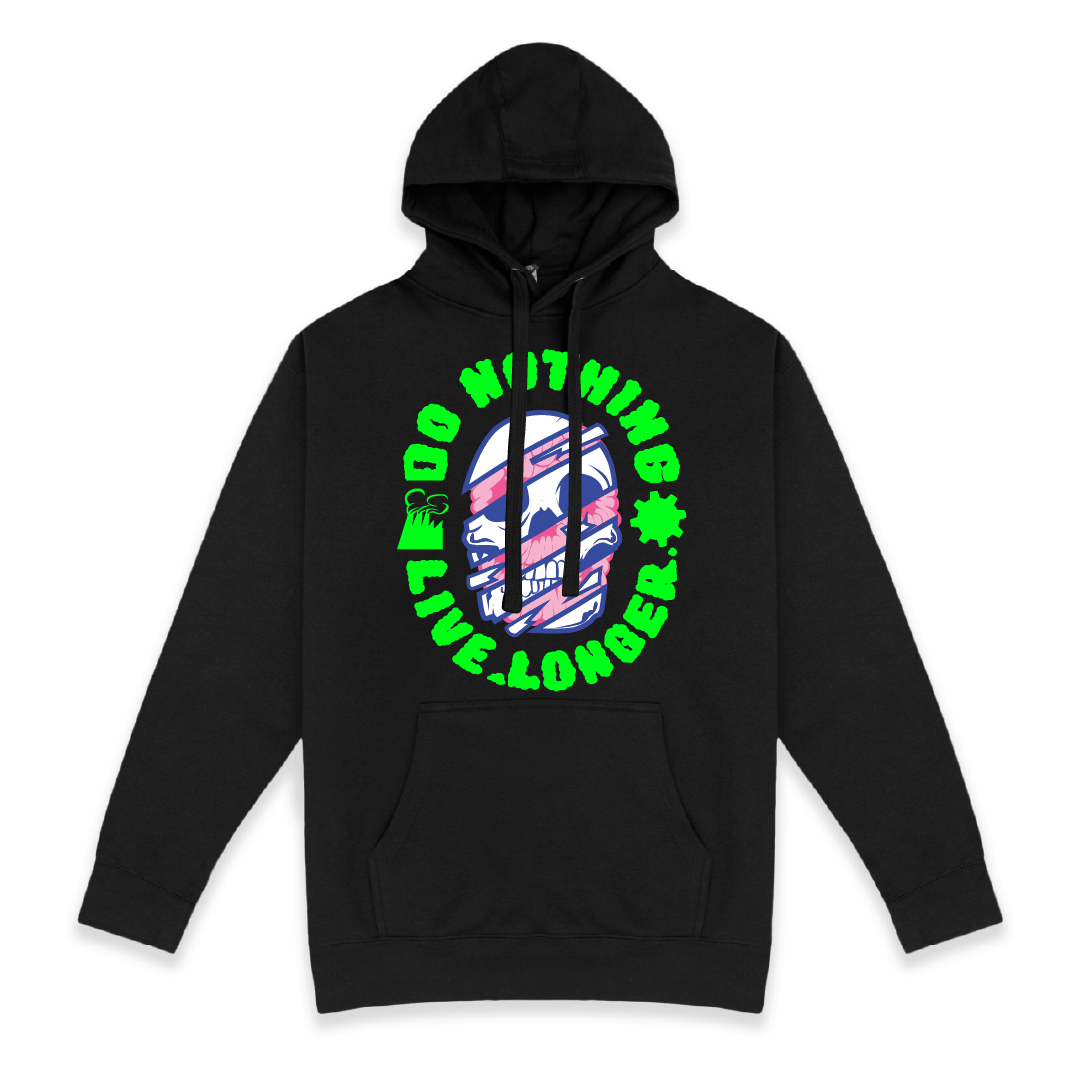 Front view of a black hoodie with Do Nothing Live Longer text and skull graphic on a white background