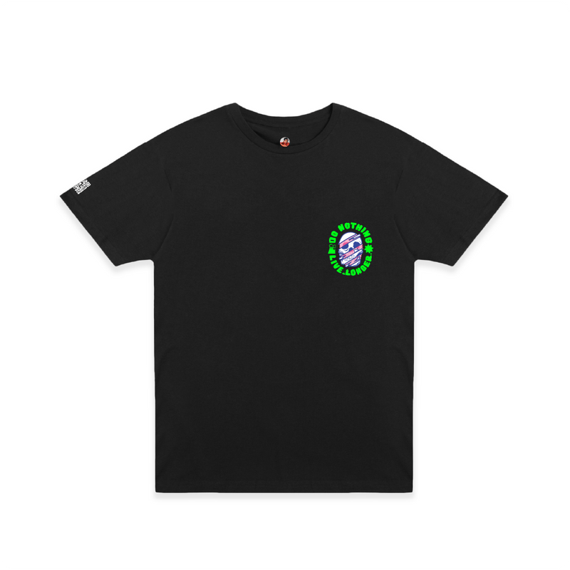 Front view of a unisex black crew neck t-shirt with a small pink and blue skull graphic and neon green 'Do nothing live longer' text on the chest area.