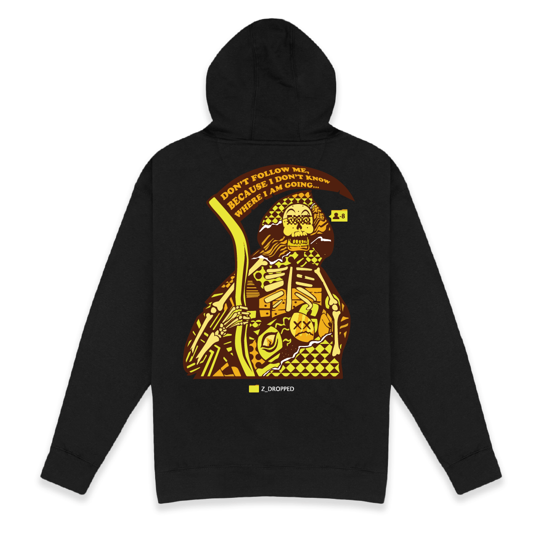 Rear view of a black hoodie with a yellow Dont Follow Grim Reaper and sicle on a white background