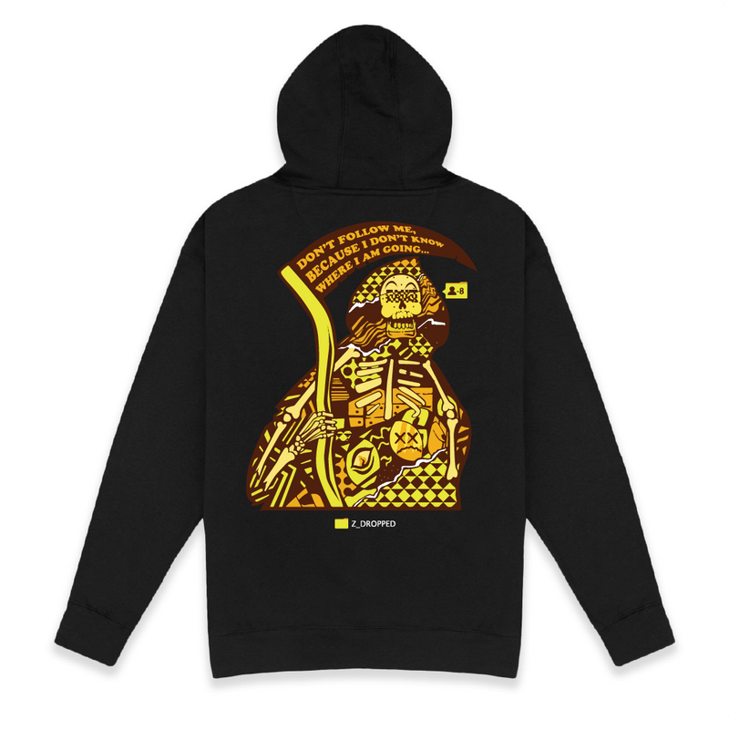 Rear view of a black hoodie with a yellow Dont Follow Grim Reaper and sicle on a white background