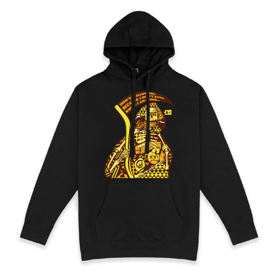 Frtont view of a black hoodie with a yellow Dont Follow Grim Reaper and sicle on a white background