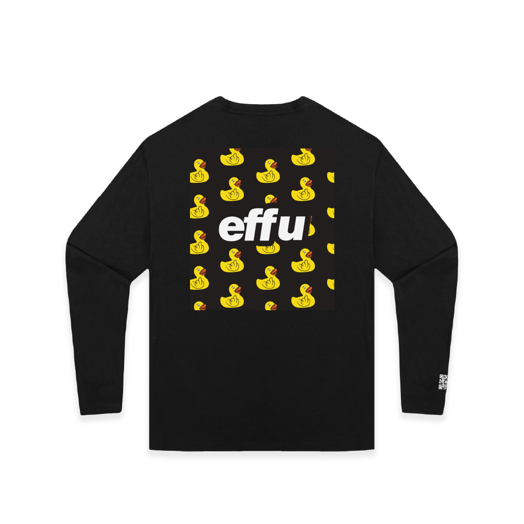 Black long-sleeve shirt with yellow duck pattern and 'effu' text on a white background