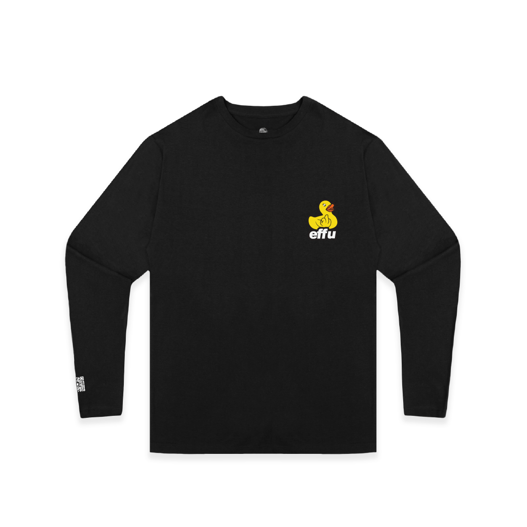 Black long-sleeve shirt with a small yellow logo and 'effu' text on a white background