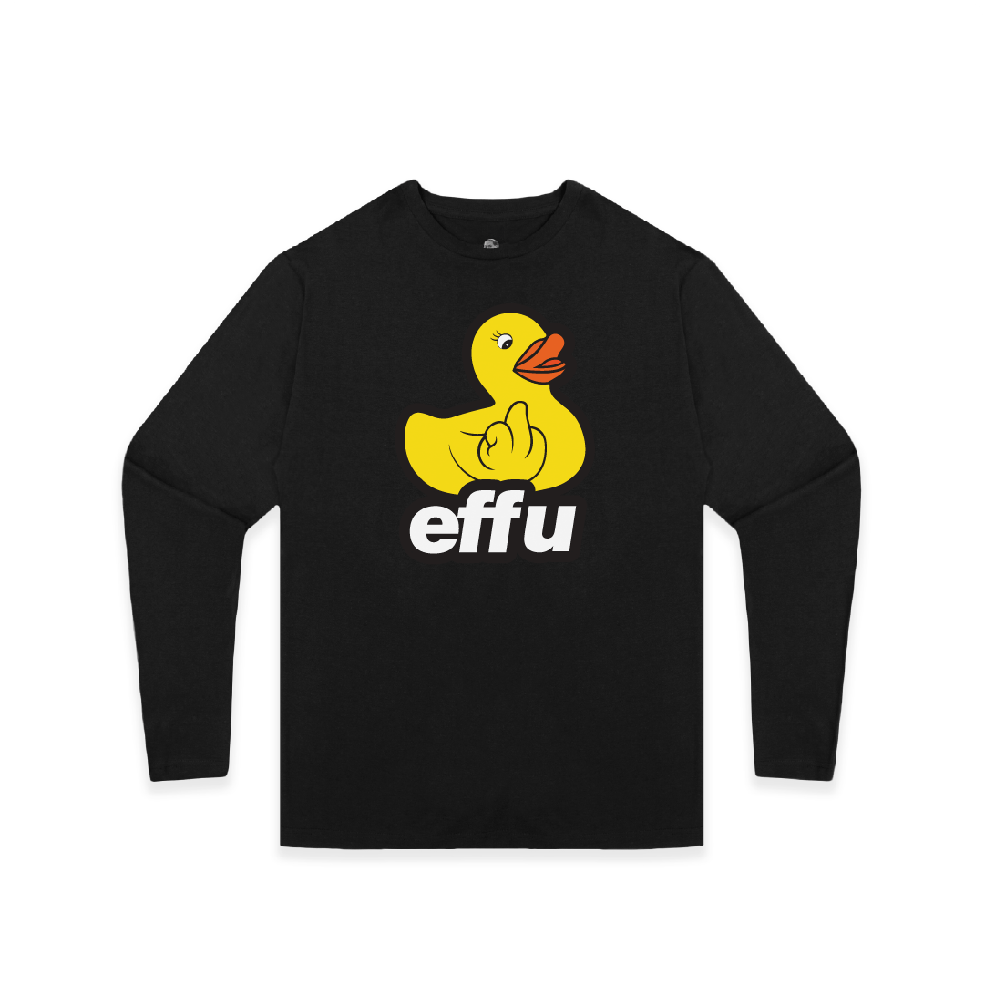 Unisex black long-sleeve shirt with a large yellow rubber duck and 'effu' text on a white background