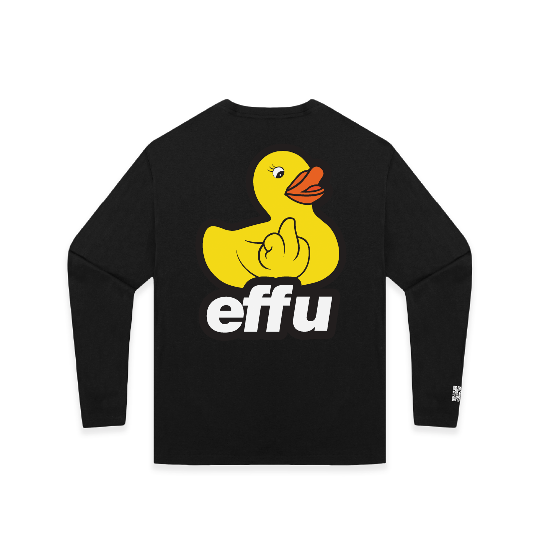 Black long-sleeve shirt with a large yellow rubber duck and 'effu' text on a white background
