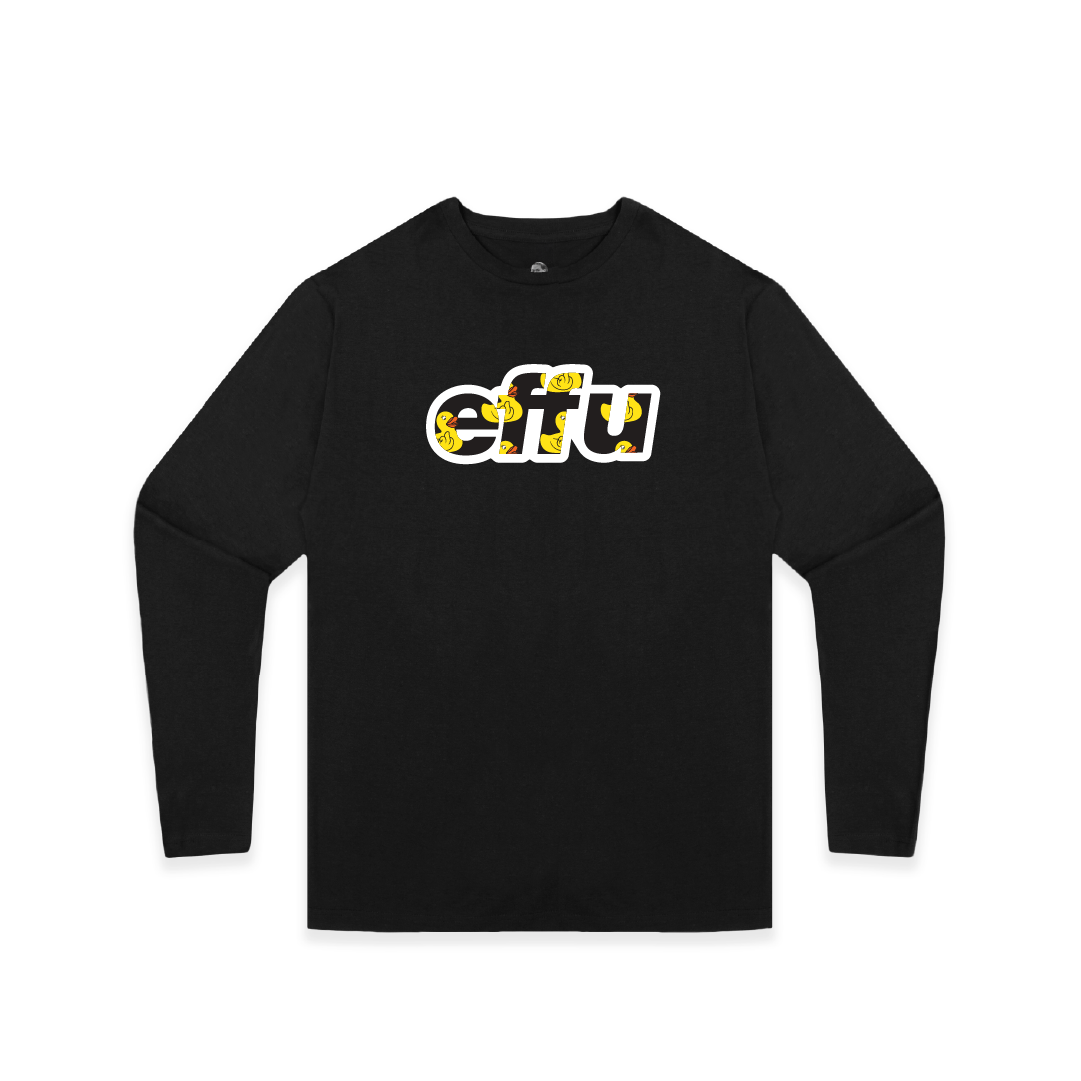 Black long-sleeve shirt with 'effu' text on a white background
