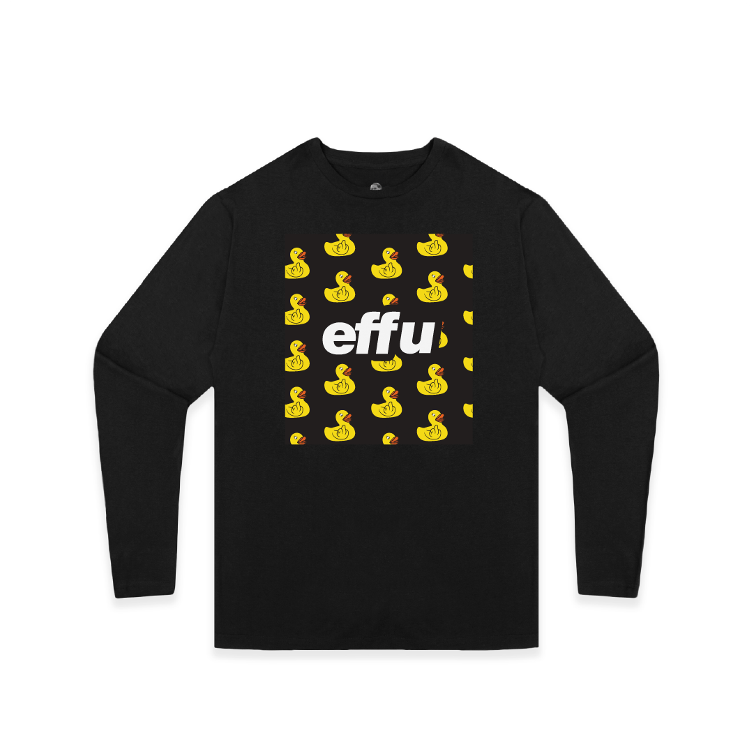 Black long-sleeve shirt with yellow rubber duck pattern and white 'effu' text on a white background