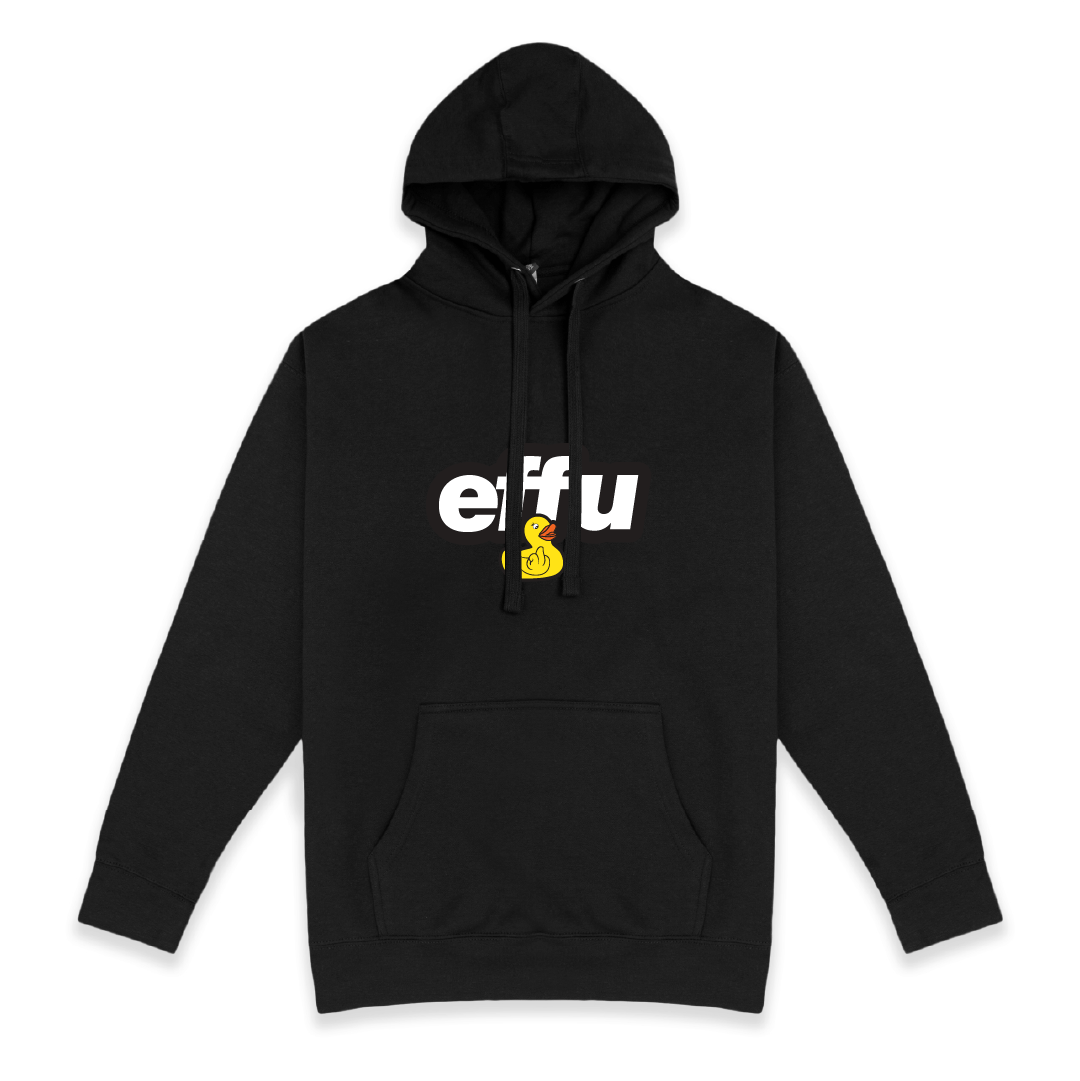 Black hoodie with white 'effu' logo and small yellow rubber ducky graphic on a white background