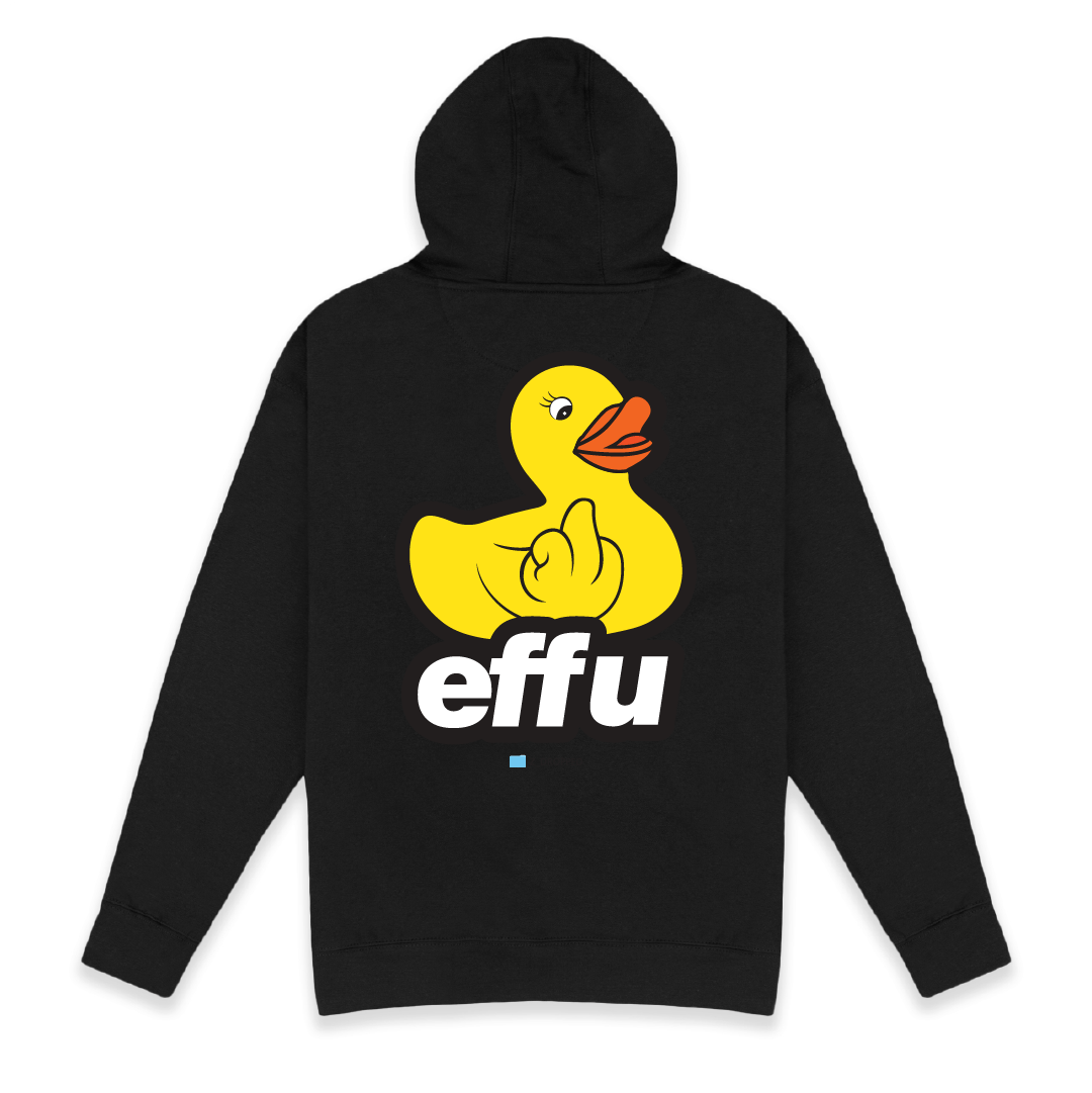 Black hoodie with a yellow duck making a middle finger gesture and the word 'effu' on a white background