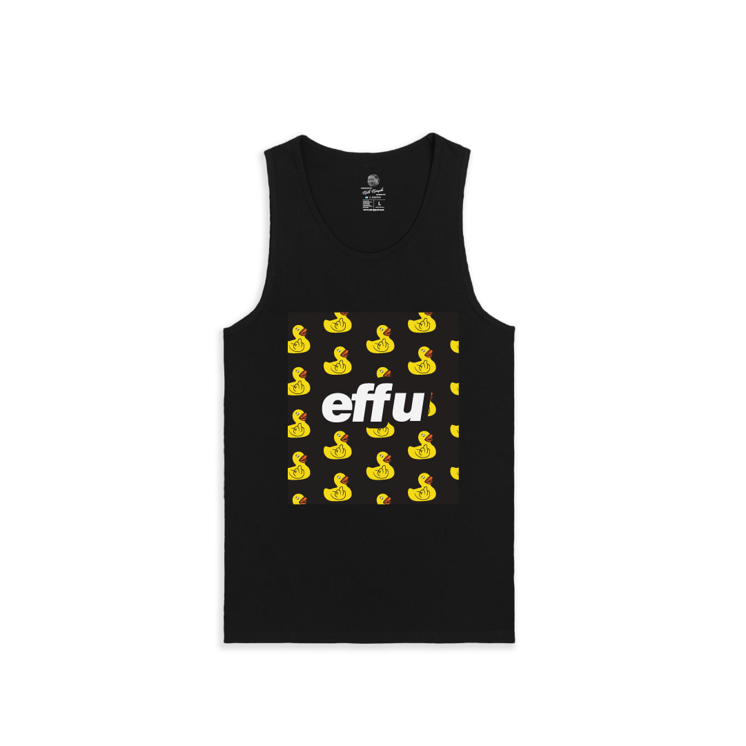 Black tank top with yellow rubber duck pattern and 'effu' text on a white background