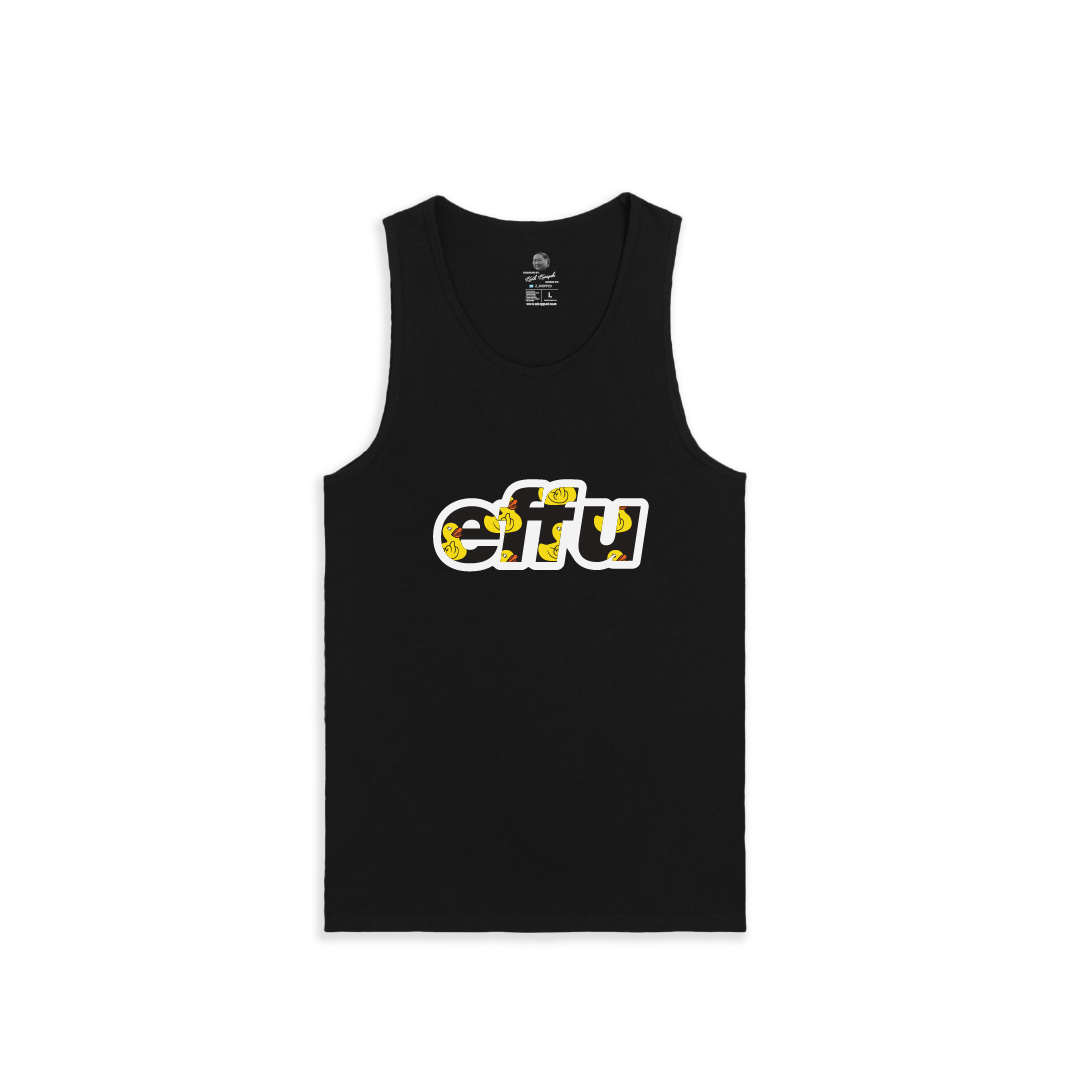 Black tank top with yellow and white effu text on a white background