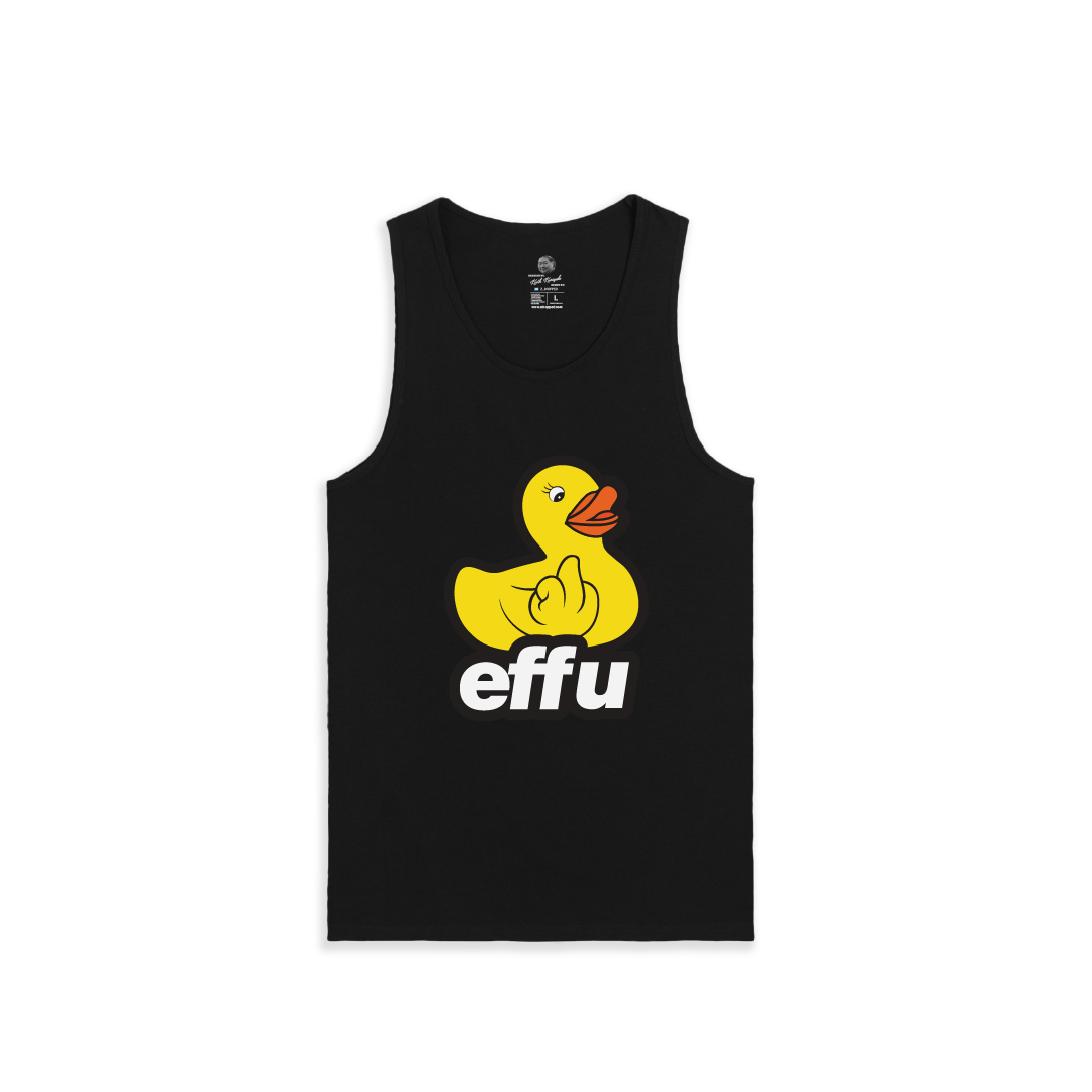 Black tank top with a large yellow rubber duck and text on a white background