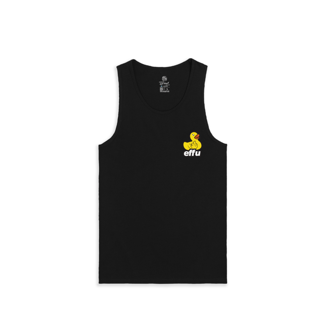 Black tank top with a small yellow duck graphic and text on a white background